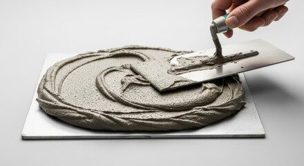 Smooth grey cement mortar being spread in circular pattern with metal trowel by careful hand, demonstrating precise plastering technique and wet concrete texture on flat surface