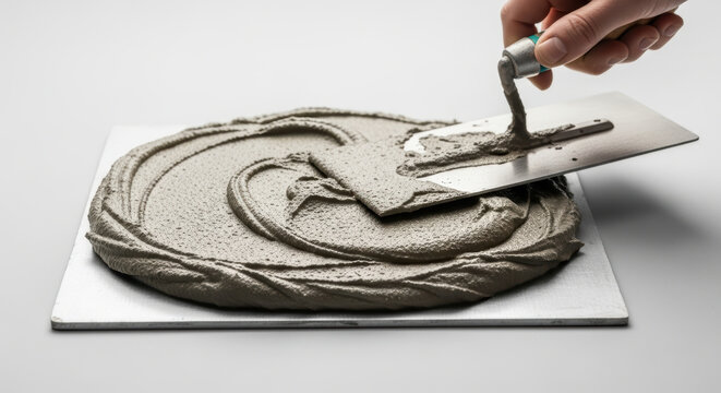 Smooth grey cement mortar being spread in circular pattern with metal trowel by careful hand, demonstrating precise plastering technique and wet concrete texture on flat surface