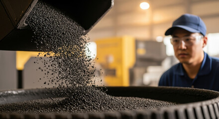 High precision plastic pellets falling from industrial hopper into large container in modern factory as focused worker wearing safety glasses and cap monitors automated manufacturing process