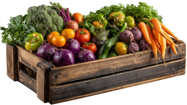 Wooden crate filled with fresh vegetables including carrots and broccoli.