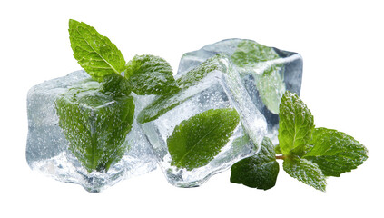 Refreshing mint leaves nestled within glistening ice cubes