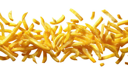 Crispy, golden potato fries scattered across black background