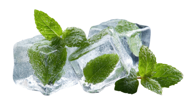 Refreshing mint leaves nestled within glistening ice cubes