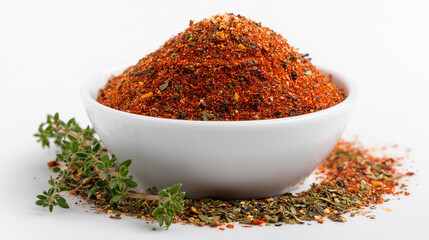 BBQ barbeque seasoning. bright heap of red chili spice sits in a white bowl, surrounded by dried herbs. Perfect for cooking, flavoring, and gourmet recipes that demand bold aroma and vibrant color.