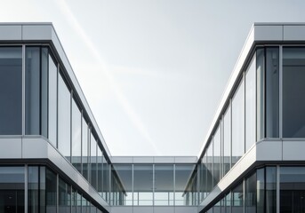 Fototapeta premium Modern Minimalist Corporate Architecture Featuring Glass Facades and Skybridge
