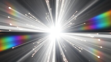 Abstract bright white light starburst with colorful rainbow spectrum rays