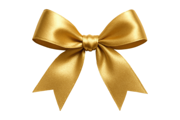 Golden ribbon bow isolated on a white background. Elegant festive element perfect for gift wrapping, holiday designs, celebrations, and premium branding.