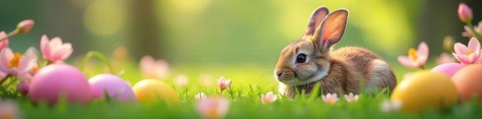 Easter bunny rests near colorful egg blossoms , springtime, cheerful