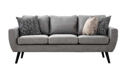 Fototapeta premium Modern gray sofa with decorative pillows and tapered legs