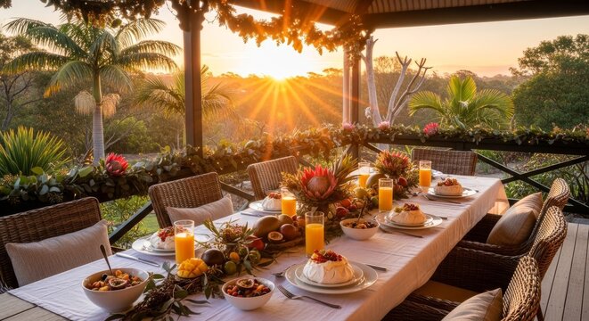 Exquisite Outdoor Dining at Sunset - A Tropical Feast.