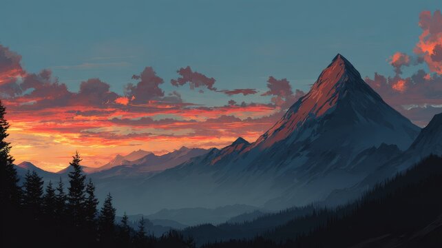 “vibrant mountain landscape at golden sunset with dramatic sky, glowing peaks, soft warm light, layered ridges, serene natural scenery, peaceful outdoor view of tranquil wilderness during evening dusk - Powered by Adobe