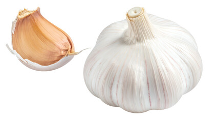 A head of garlic with a clove alongside on a dark backdrop, high-resolution