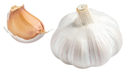 A head of garlic with a clove alongside on a dark backdrop, high-resolution