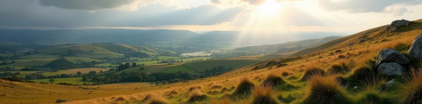 Dramatic view of Dartmoor landscape, Meldon Hill vantage point, sunlit, scenic