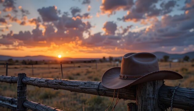 Rural Rustic Sunset Background with Cowboy Hat on Wooden Fence - Powered by Adobe