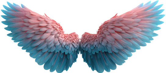 Softly colored feathered wings, pink and blue gradient, against black