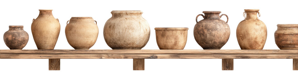 Ancient earthenware vessels of various shapes and sizes displayed on a shelf