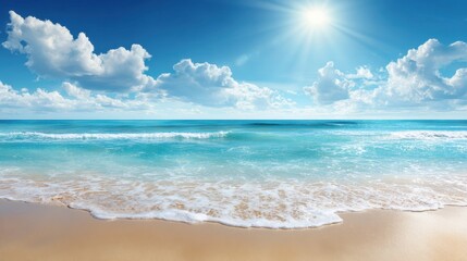 Fototapeta premium Clear blue skies with fluffy clouds reflect sunlight on a serene beach scene. Gentle waves wash ashore on soft sand creating a peaceful atmosphere.