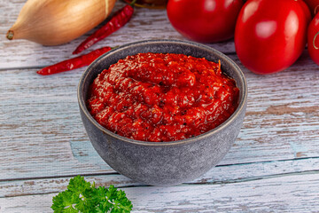 Bulgarian traditional lutenica pepper sauce