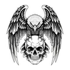 Obraz premium Fierce Eagle With Fully Spread Wings Gripping a Human Skull in Bold Detailed Black-White Artwork