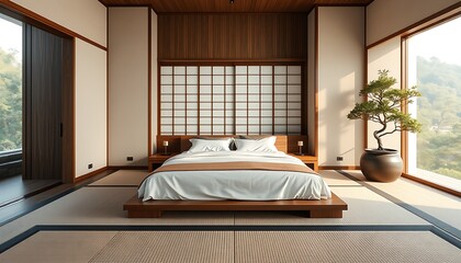 Luxury contemporary hotel room interior design featuring comfortable bedding, wood furniture, and ambient window light