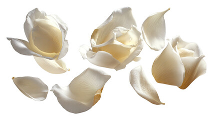 Delicate white rose petals scattered across a dark background