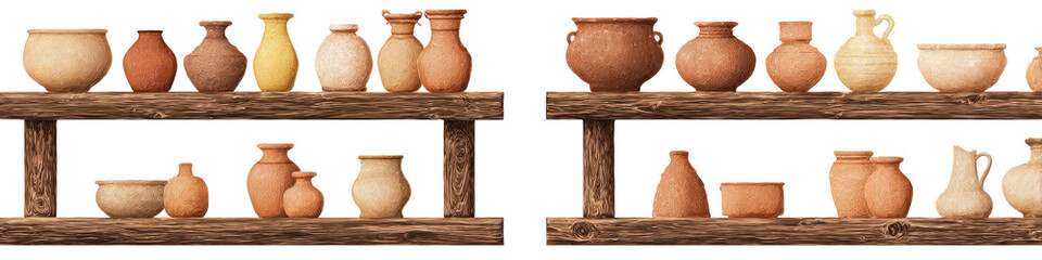 Rustic pottery collection displayed on wooden shelves