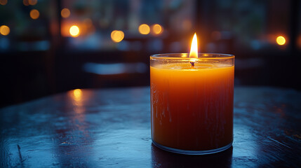 Yellow candle light burn against black background. Golden light of candle flame