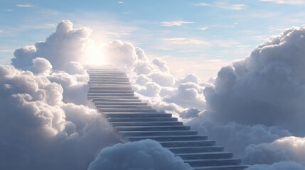 A staircase made of soft clouds rises toward bright light in a peaceful sky. This scene captures a moment of tranquility and hope evoking feelings of ascent and inspiration.