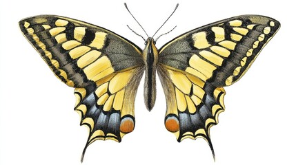 Fototapeta premium This majestic butterfly displays stunning yellow and black wings highlighting unique patterns. Its delicate features illustrate the beauty of nature's artistry and diversity.