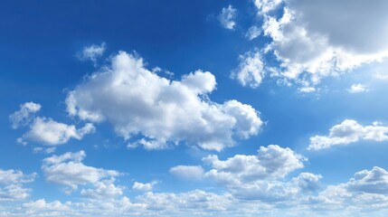 Obraz premium Fluffy white clouds drift across a clear blue sky under the warm sunlight. The serene scene captures a peaceful afternoon with a backdrop of bright colors.