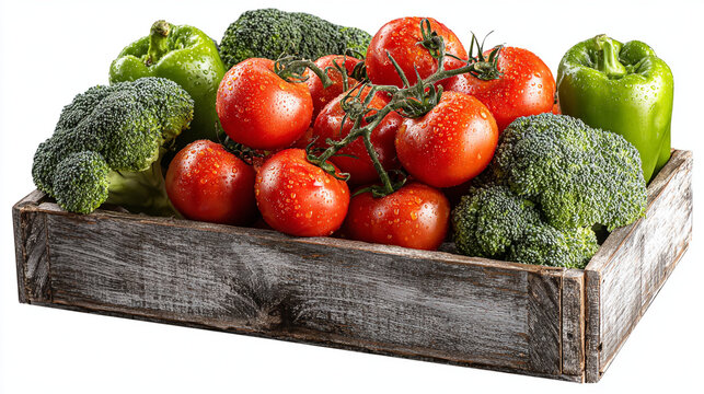 Wooden crate filled with fresh tomatoes broccoli and green bell peppers.