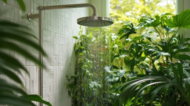 Water flows from a modern shower head creating a calming scene surrounded by vibrant green plants and soft natural light filtering through a window.