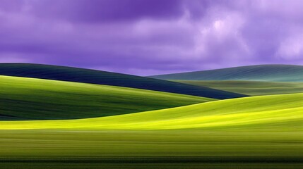 Vast rolling hills covered in vibrant green fields, under a dramatic sky with swirling purple clouds. The landscape is bathed in soft, diffused light, creating