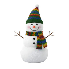 Festive snowman with colorful hat and cheerful expression, winter holiday character with scarf and carrot nose, merry Christmas decoration isolated on transparent background PNG