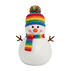 Festive snowman with colorful hat and cheerful expression, winter holiday character with scarf and carrot nose, merry Christmas decoration isolated on transparent background PNG