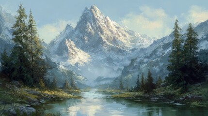 Scenic mountain river flowing through lush green valleys with rocky banks under a clear sky, reflecting surrounding peaks and dense forest in tranquil wilderness landscape