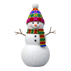 Festive snowman with colorful hat and cheerful expression, winter holiday character with scarf and carrot nose, merry Christmas decoration isolated on transparent background PNG