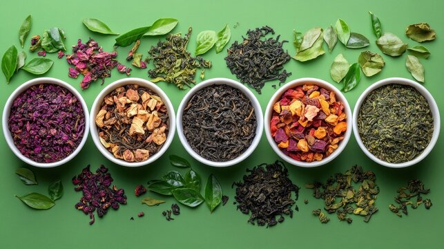Assorted tea blends in white bowls, garnished with leaves - Powered by Adobe