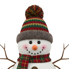 Festive snowman with colorful hat and cheerful expression, winter holiday character with scarf and carrot nose, merry Christmas decoration isolated on transparent background PNG