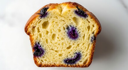 Close up overhead view of a freshly baked blueberry muffin slice with golden brown crust and moist interior