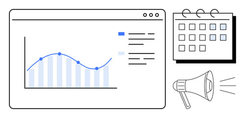 Graph on digital interface, calendar, megaphone representing data analysis, project planning, marketing, campaign management, teamwork, scheduling decision-making. Ideal for digital strategy