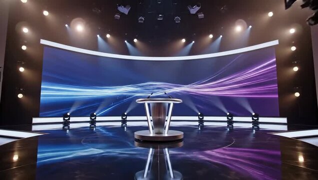 Illuminated Modern Stage With Podium And Digital Screen Displaying Abstract Streaks Of Light In Purple And Blue Tones