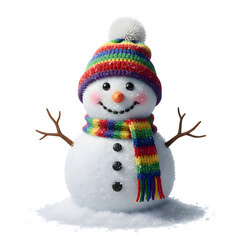 Festive snowman with colorful hat and cheerful expression, winter holiday character with scarf and carrot nose, merry Christmas decoration isolated on transparent background PNG