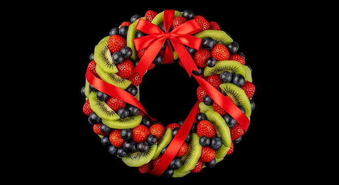 A Festive Fruit Platter Arranged in a Wreath Shape with a Red Ribbon on a Solid Black Background