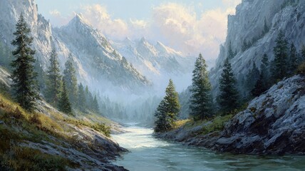 Scenic mountain river flowing through lush green valleys with rocky banks under a clear sky, reflecting surrounding peaks and dense forest in tranquil wilderness landscape