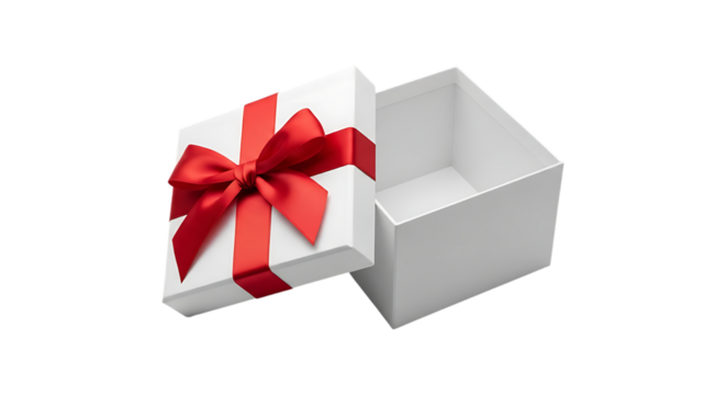 Open white gift box with red ribbon isolated on transparent background