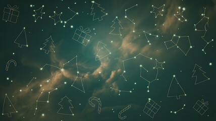 Christmas constellations and Christmas objects over a cloudy night sky background