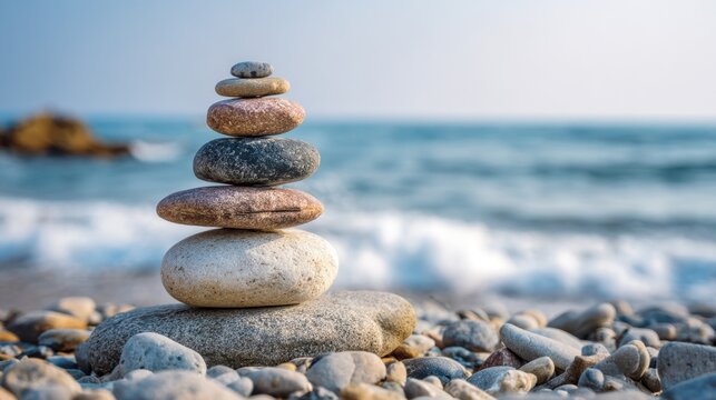 A stack of smooth stones rests on a beach near the ocean. The gentle waves lap at the shore and the sun shines brightly creating a serene scene perfect for relaxation.