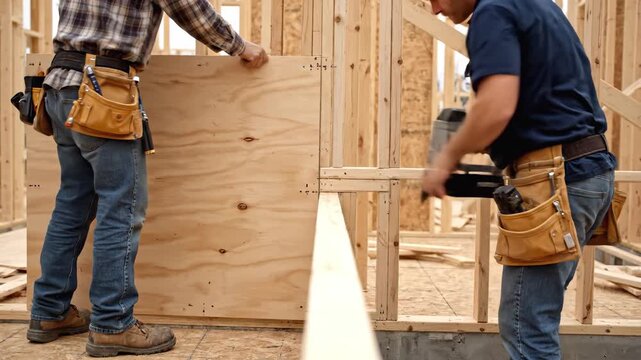 Skilled construction workers collaborate on a building site, securing plywood panels with a nail gun, showcasing teamwork and craftsmanship in a dynamic construction environment